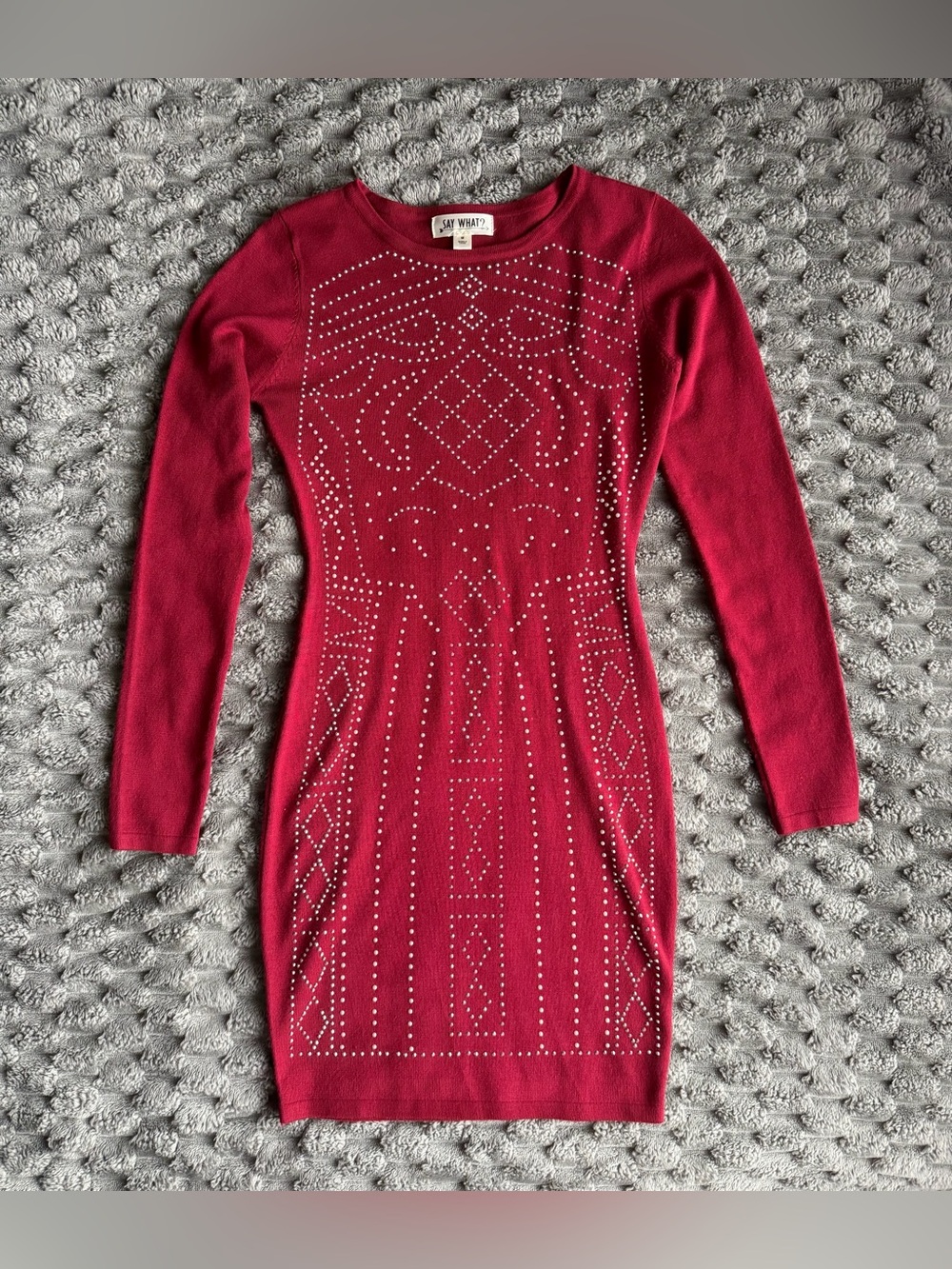 Red Studded Rhinestone Long Sleeve Sweater Dress